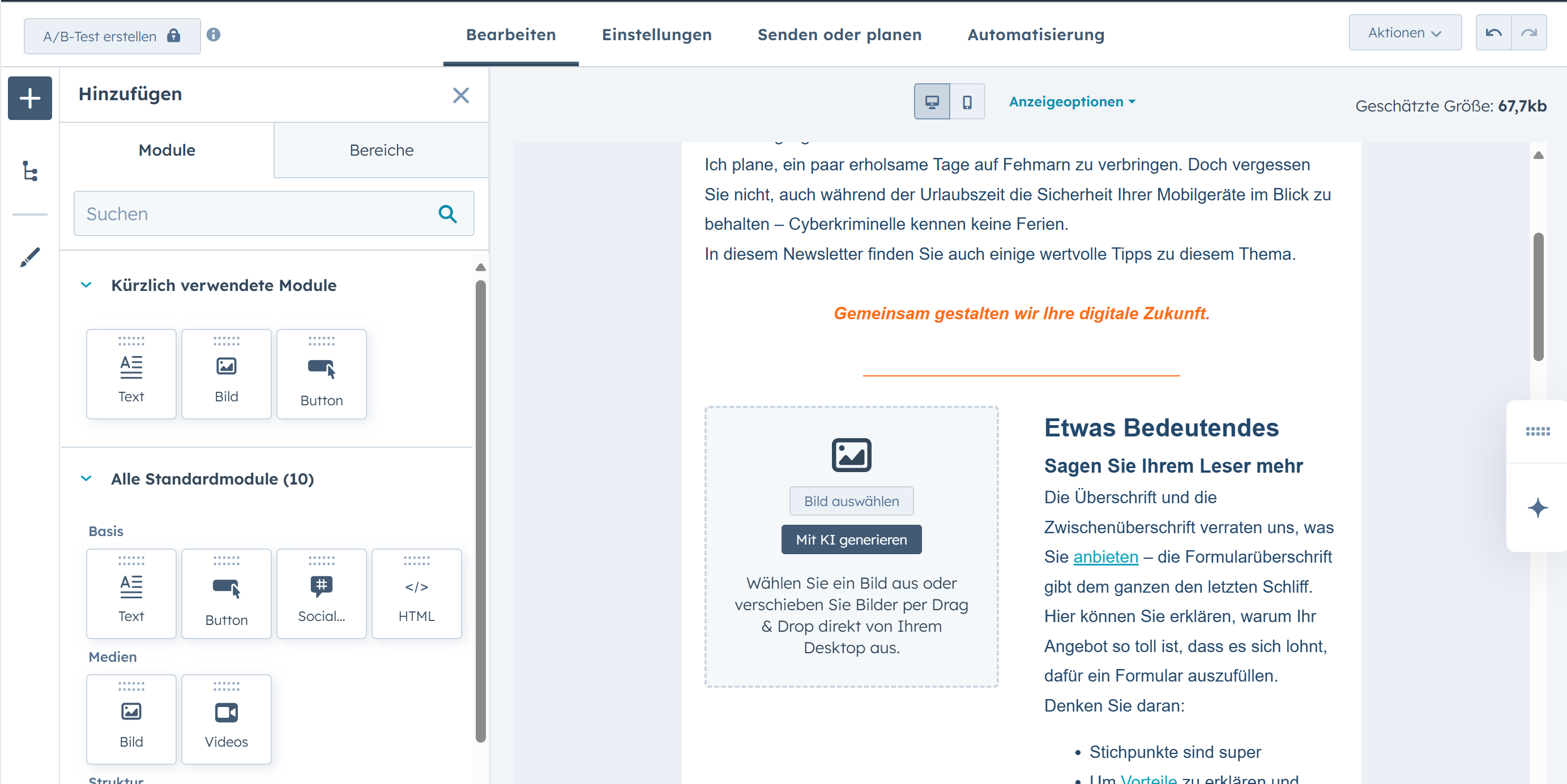 Bildschirmfoto vom Marketing-Tool von HubSpot für die Erstellung von E-Mail-Newslettern