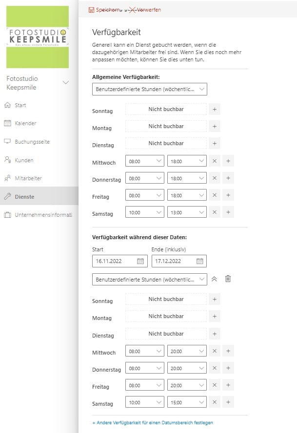 Anpassung der Verfügbarkeit in Bookings