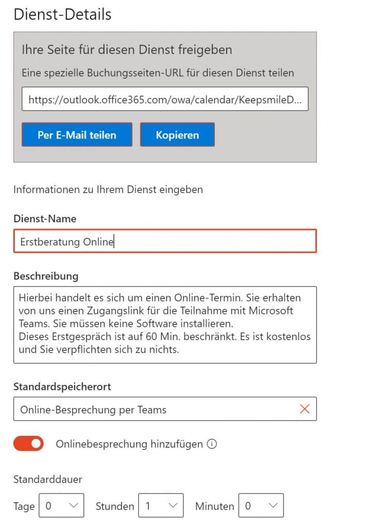 Eingabemaske Dienste - Online-Terminbuchung mit Microsoft Bookings eingerichtet durch Keepsmile Design, Castrop-Rauxel (Ruhrgebiet)