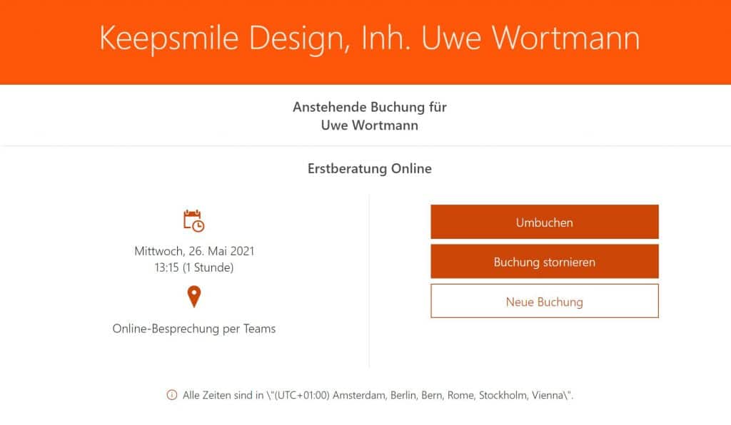 Bildschirmanzeige gebuchter Termin - Online-Terminbuchung mit Microsoft Bookings eingerichtet durch Keepsmile Design, Castrop-Rauxel (Ruhrgebiet)