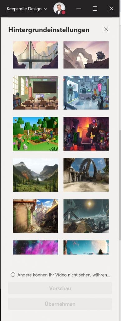 Die Auswahl von Hintergrundeffekten in Microsoft Teams