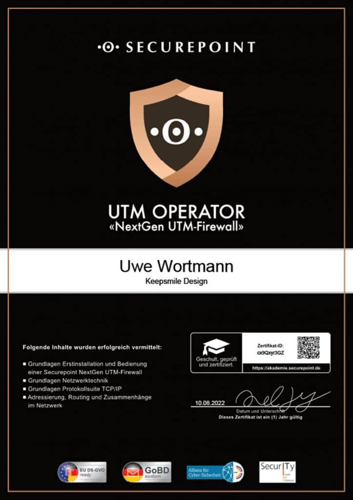 UTM Operator Zertifikat von Securepoint für Uwe Wortmann, Keepsmile Design