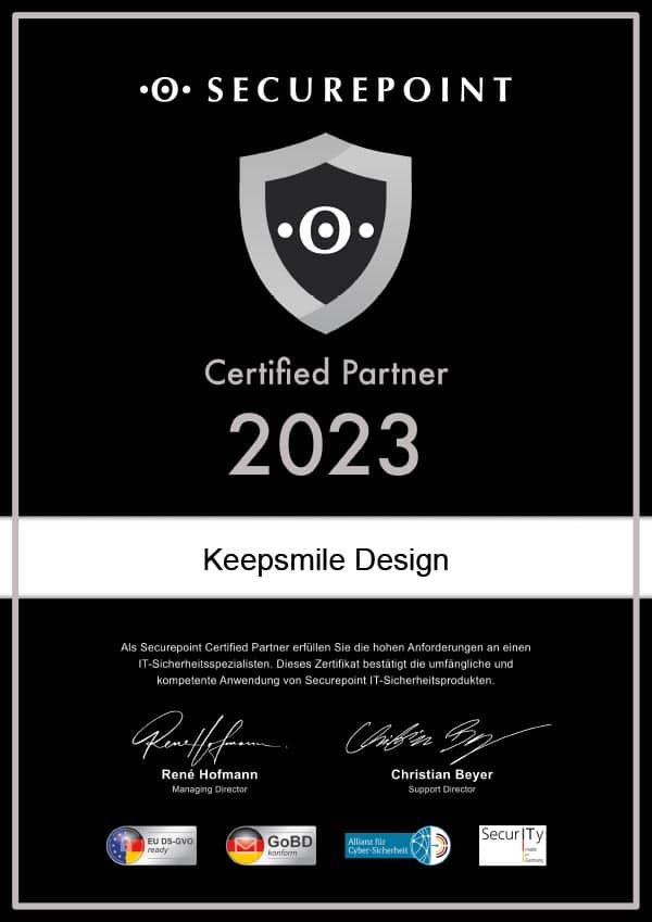 Partnerzertifikat 2023 - Keepsmile Design ist Certified-Partner von Securepoint