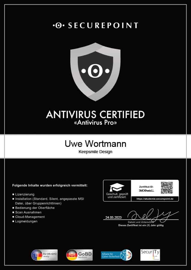 Zertifikat Antivirus Pro von Securepoint von Uwe Wortmann