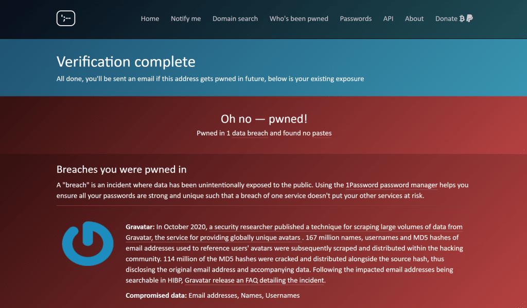 Info von "have I been pwned?"